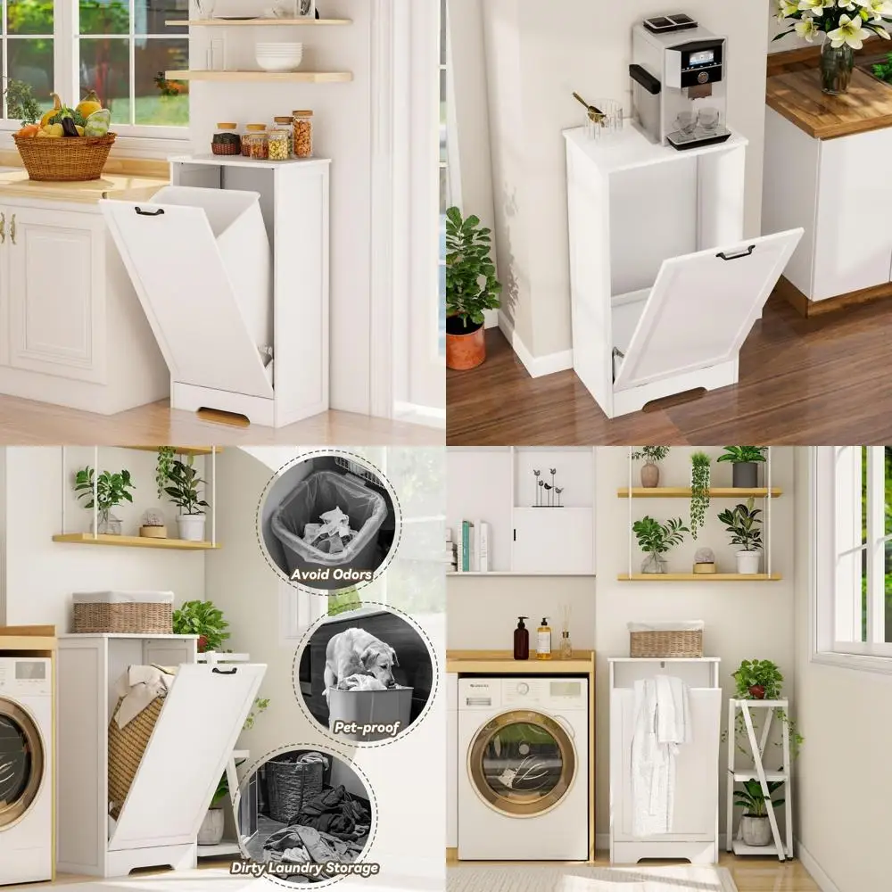 

Modern Wooden Tilt-Out Trash Cabinet - 10 Gallon Laundry Hamper with Lid for Bathroom Storage Solutions