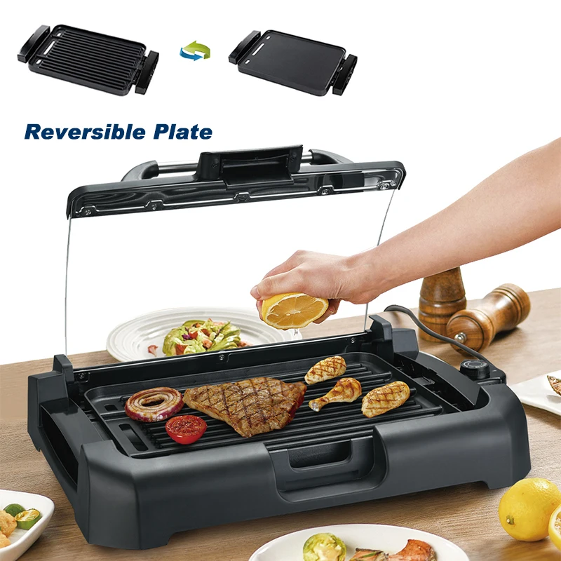 1800W Reversible Electric Grill - 2-in-1 Smokeless BBQ & Griddle, Portable Indoor/Outdoor Grill with Dual Non-Stick Plates