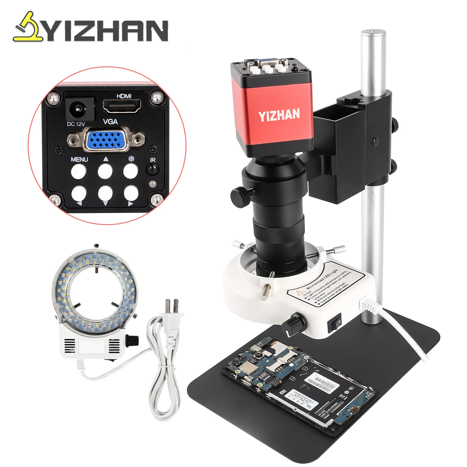 

YIZHAN 1080P 13MP Digital Microscope For Soldering 1-130X C-Mount Lens Light 60FPS HDMI VGA HD Industrial Video Camera Magnifier