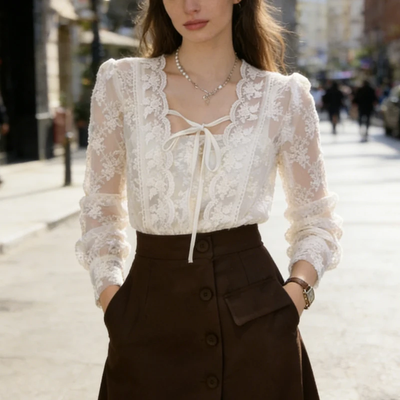 

2026 Spring Summer Elegant Party Women's Tops White Lace Sheer Blouse Sheer Long Sleeve Floral Embroidery Top with Tie Neck