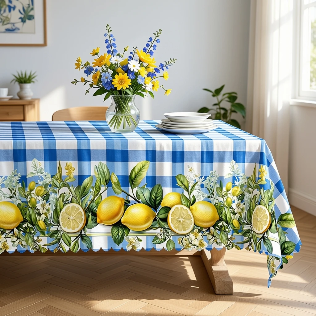 Summer Lemon Tablecloth with Citrus & Hydrangeas for Indoor/Outdoor Camping decor, Rectangular/Round/Oval