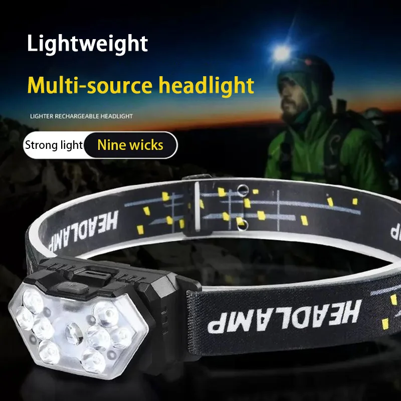 

9 LED Strong Light Headlamp USB Rechargeable Induction Headlight Portable For Fishing Camping Outdoor Head Lamp Work Flashlight