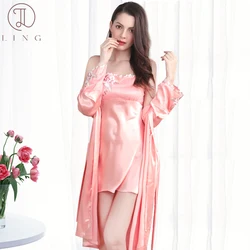 Ling Embroidery Sexy Silk Sleepwear Dresse Sleepwear Robe 2 Pcs Robe GownsWomen's Slip Dress Pajama With Bra Pad Solid