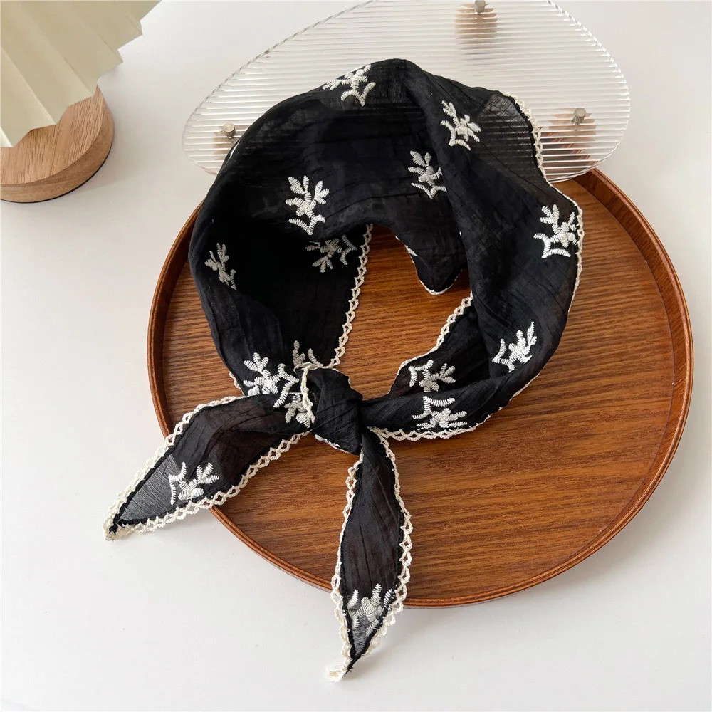 Women Linen Cotton Lace Triangle Scarf Floral Sunscreen Headscarf Decorative Hair Scarf Headband Bohemia Bandana Small Shawls