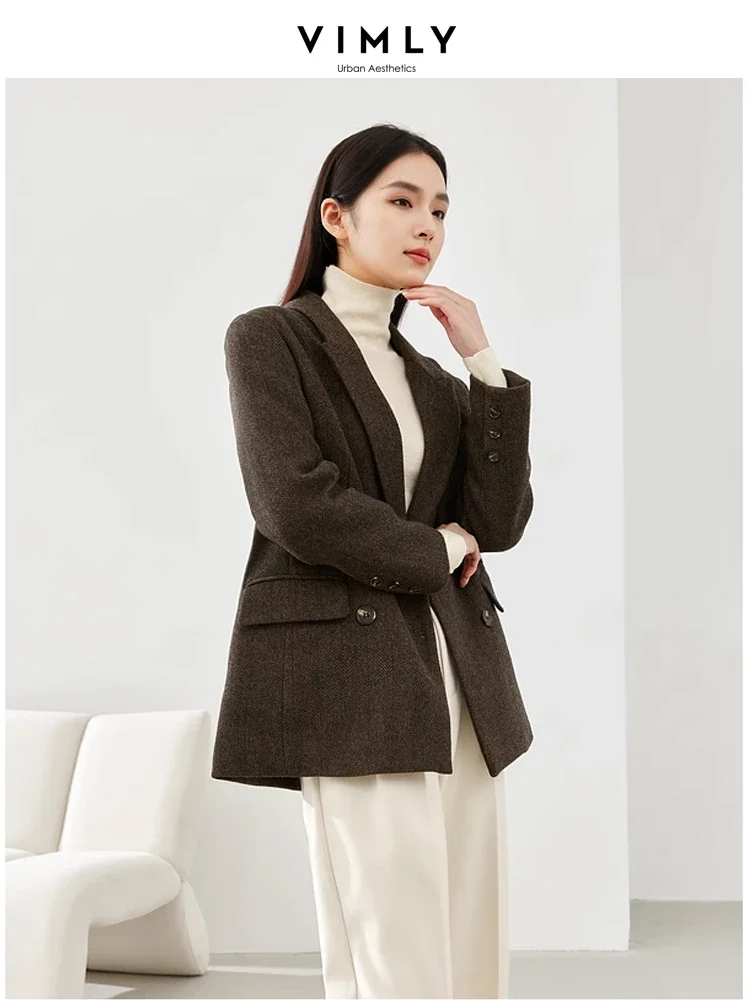 Vimly-Blazer matelassé en mélange de laine pour femme, veste à col cranté, optique à double boutonnage, pardessus féminin combiné, 53.2% laine,