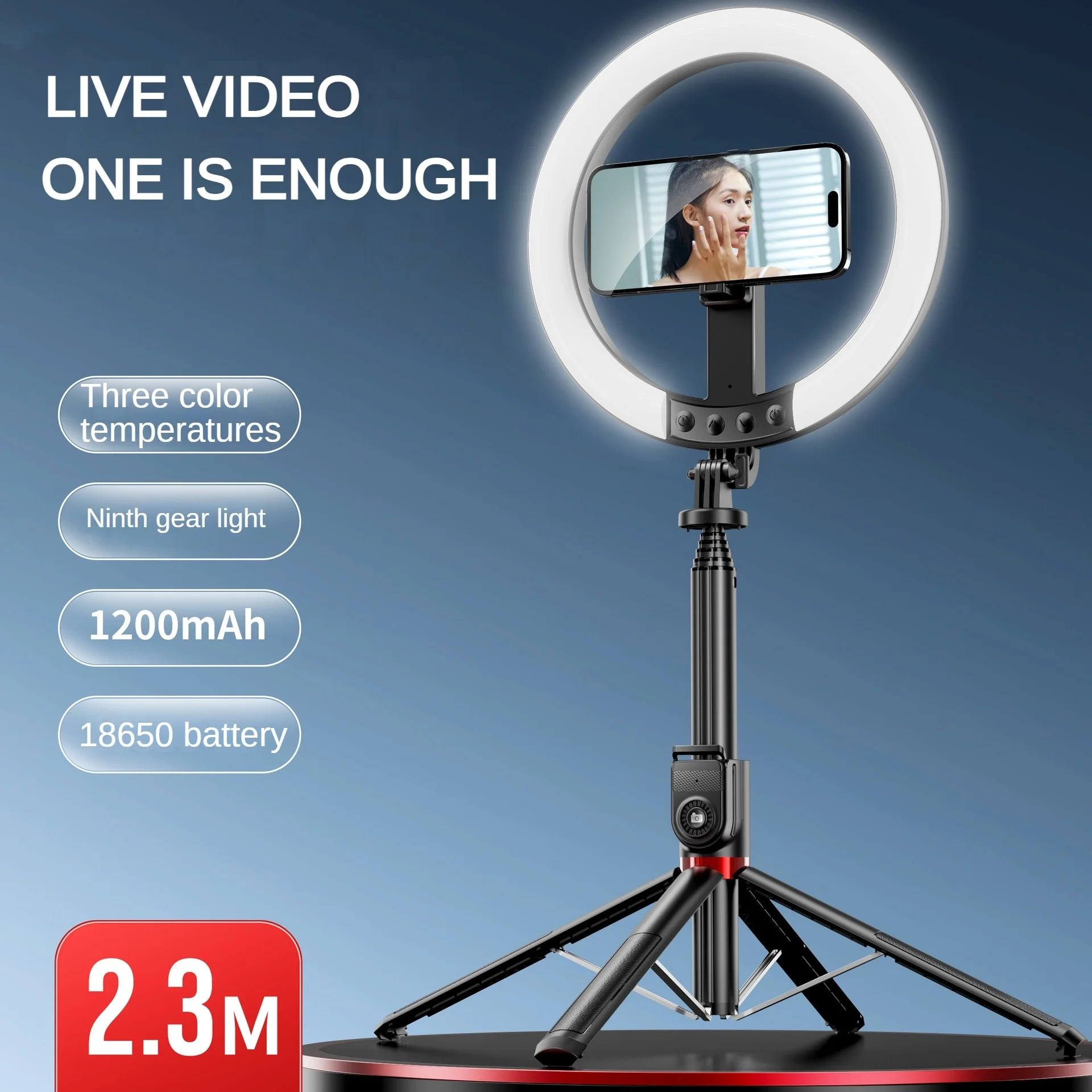 Xiaomi Aluminum Telescopic Selfie Stick with 10 Inch Round Fill Light 2.3M Phone Holder for Video Recording and Live Streaming