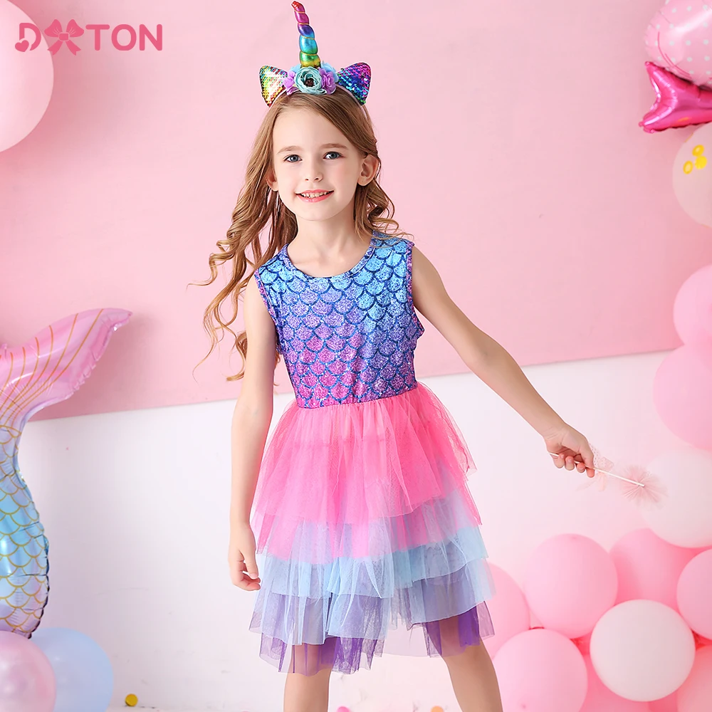 DXTON Kids Mermaid Print Dress Girls Sleeveless Summer Vestidos Kids Mesh Tulle Layered Party Festival Princess Dresses 3-8 Yrs