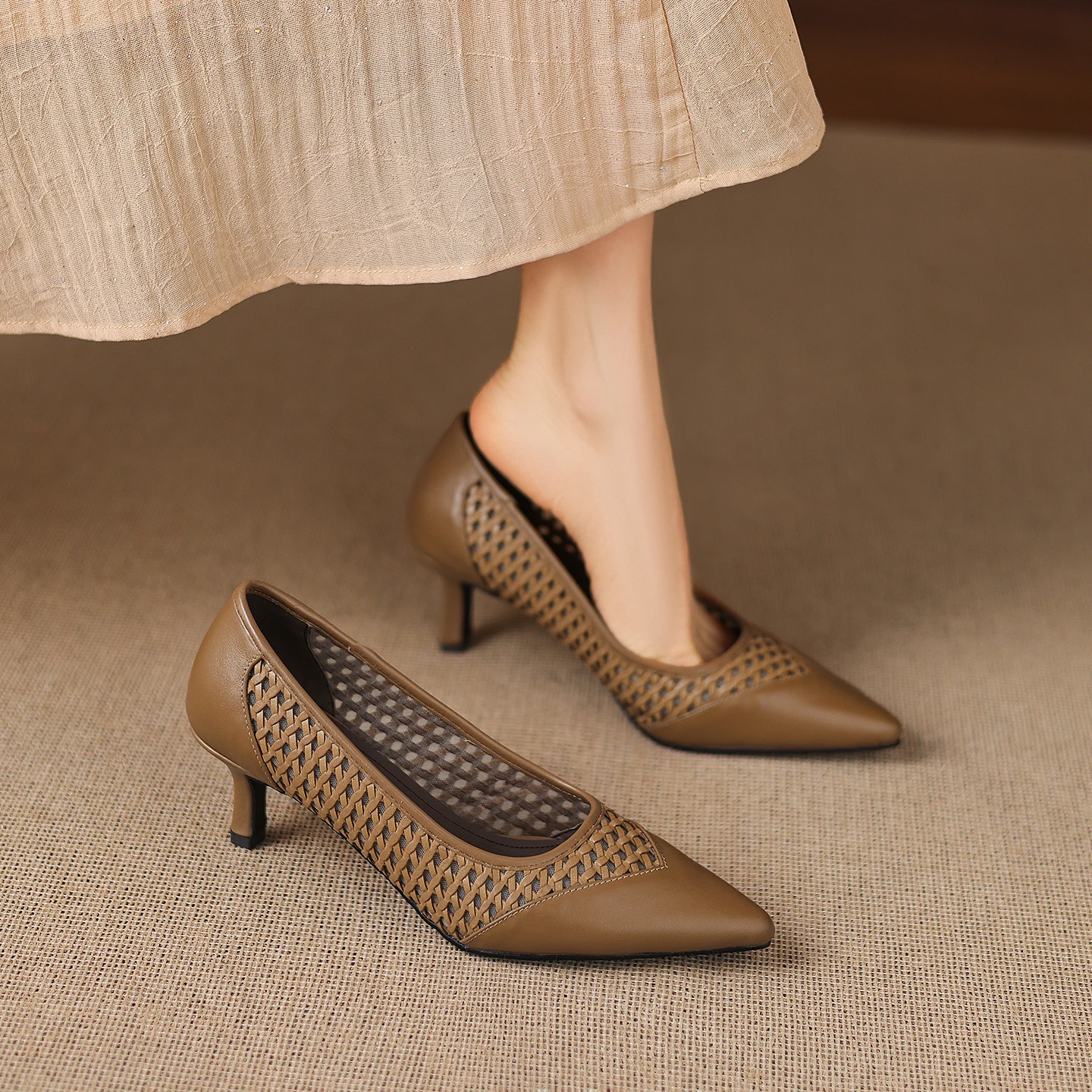 Genuine Leather Cowhide Heeled Women Sandals,Pointy Toe Slip-on High Heels Hollow out  Breathable Fashion Summer Women Shoes