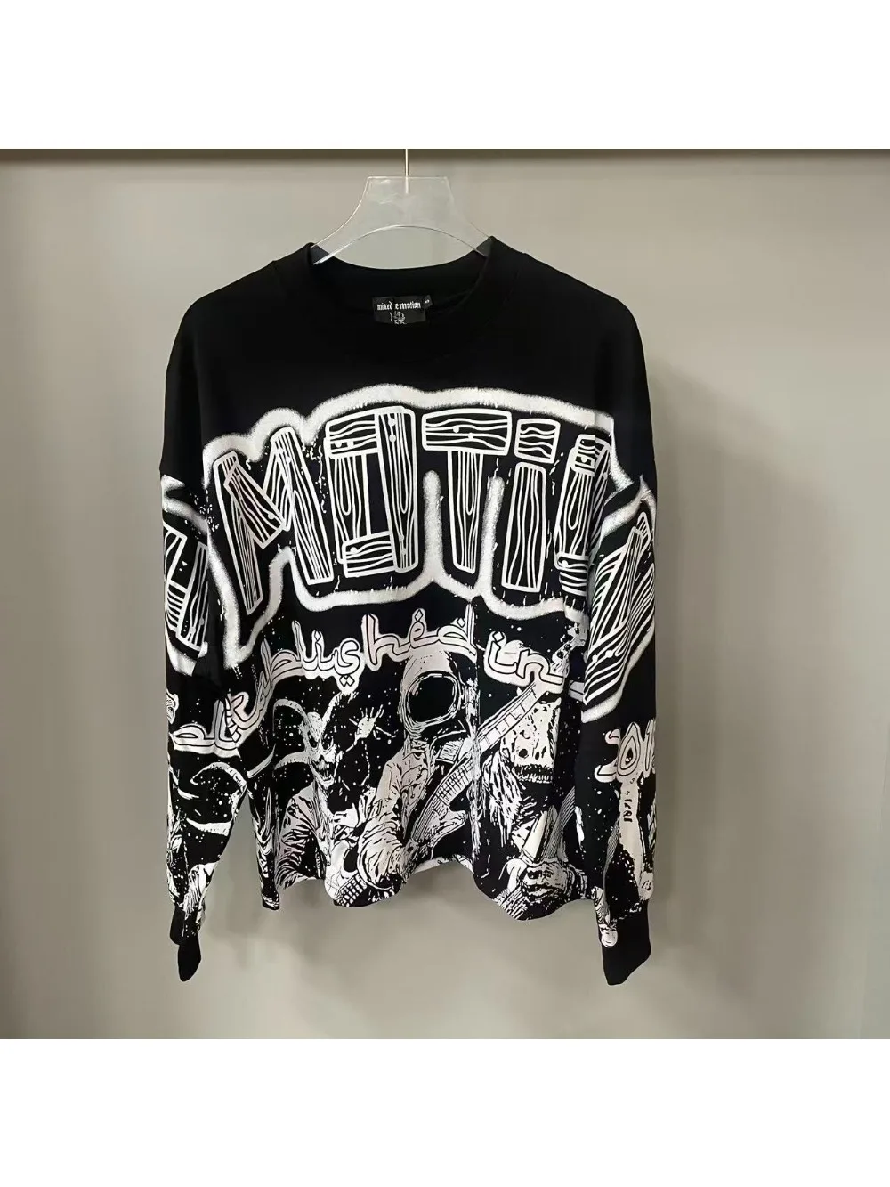 High Quality Designer MIXED-EMOTION Long sleeved T-shirt 100% cotton men's and women's Vintage Printed and hotfix rhinestone High Street Trendy Fashion Hip Hop T-shirt hoodie sweatshirt Pullover