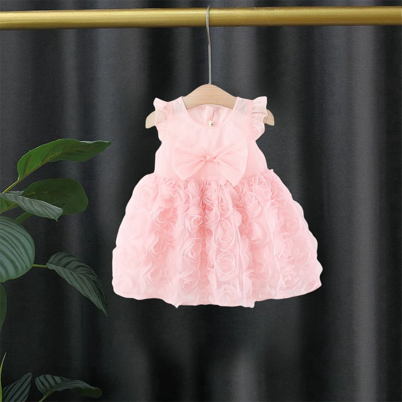 

Летняя розовая кружевная юбка с летящими рукавами, новый стиль, милая юбка принцессы с большим бантом, скрытая от Шань, обучение шагу девушке