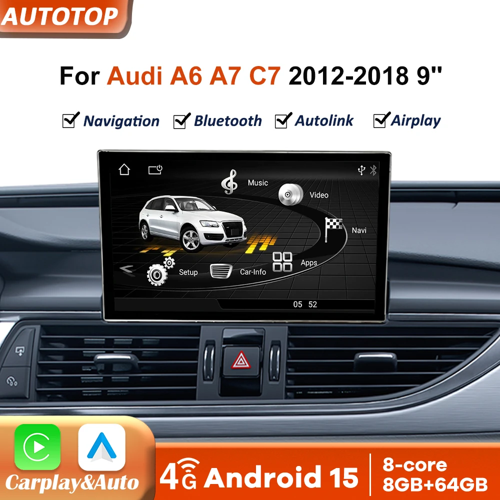 9-calowy ekran samochodowy z Androidem 15, bezprzewodowym CarPlay i Android Auto, radio samochodowe stereo do Audi A6 C7 A7 2012-2018, 4G 8+128GB, multimedialny odtwarzacz GPS z nawigacją, odtwarzacz