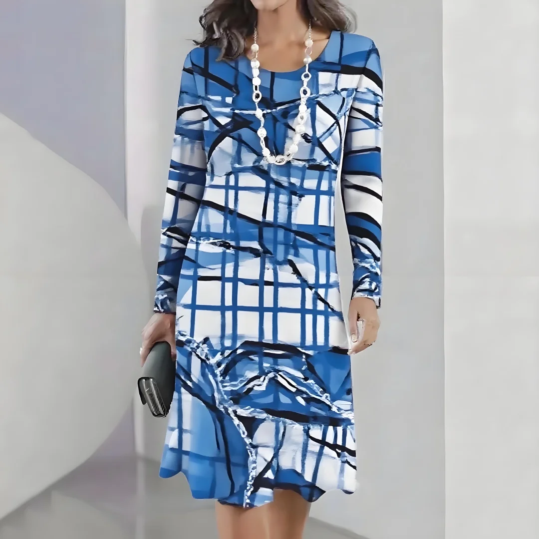

2025 New Autumn Women's Dress Striped Gradient Print Fashionable Round Neck Long Sleeve Midi Dress OverSize Women's Clothing