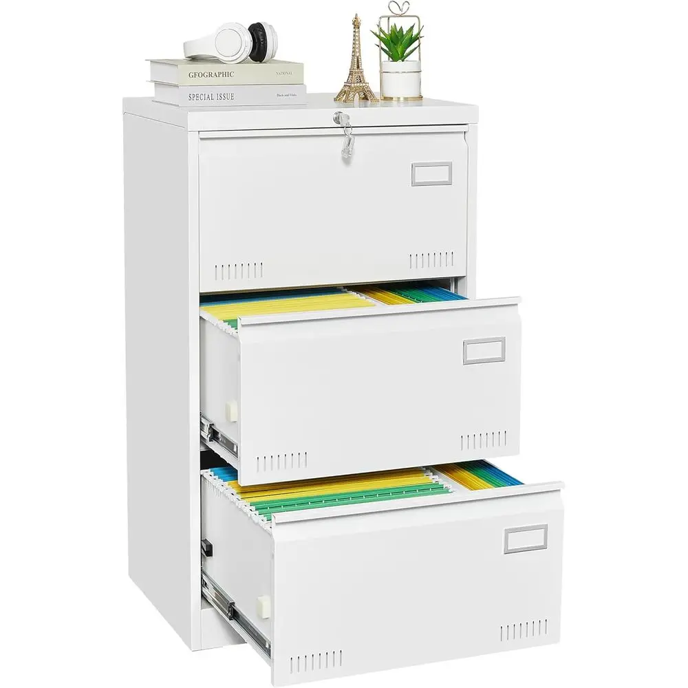

Modern Lockable Office Furniture - Lateral File Cabinet, Letter Size, A4 Storage, 3 Drawers, White