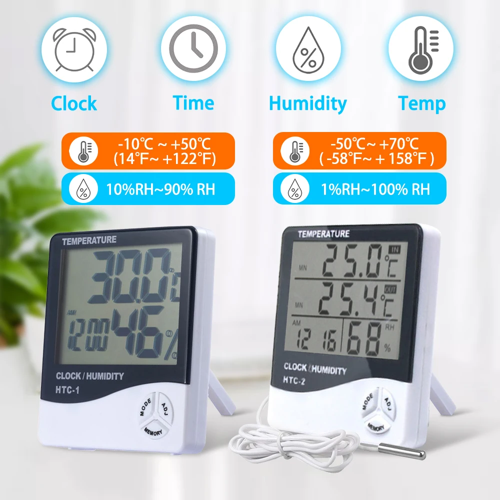 LCD Electronic Digital Temperature Humidity Meter Monitor Indoor Outdoor Thermometer Weather Station Alarm Clock