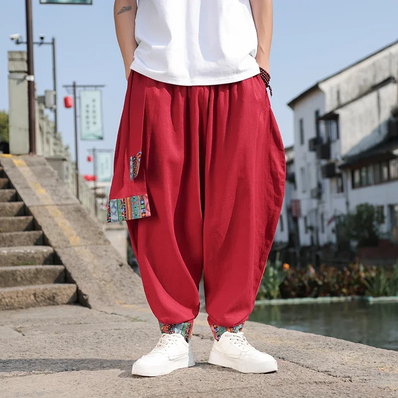 2024 Chinese Style Men's Retro Wide Leg Pants Loose Plus Size Trendy High Street Fashion Cotton and Linen Pants Hombre Leggings