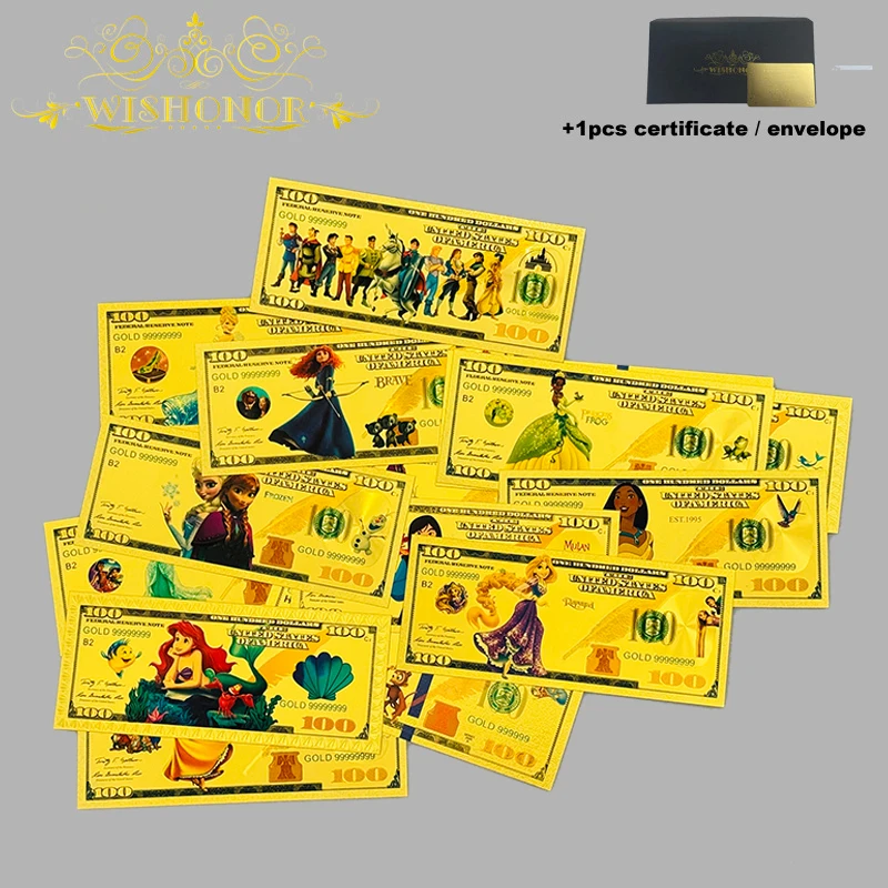 Miniso Disney 15 نوعًا من الأوراق النقدية الذهبية لـ Disney Princess Anime 100 دولار من الأوراق النقدية المزيفة للحرف الفنية للهدايا