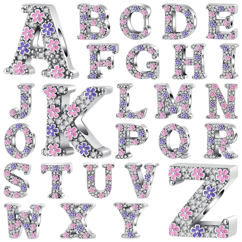 

Лидер продаж, женские ювелирные изделия своими руками, подарки, розовые, фиолетовые цветы A-Z 26, счастливые буквы, очаровательные бусины, подходят для оригинальных серебряных браслетов 925, ожерелья