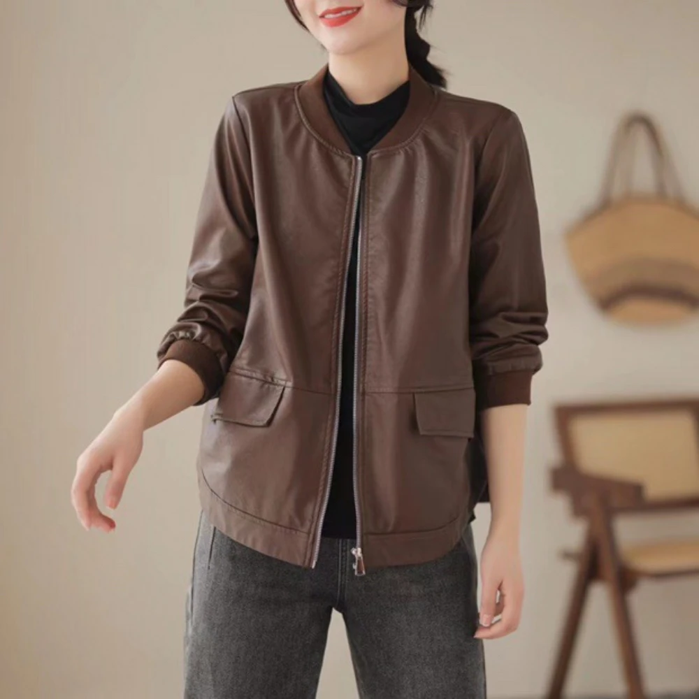 Women's motorcycle leather short loose baseball uniform autumn new small western style leisure high waist small leather jacket