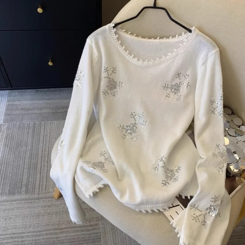 

Свитер с вышивкой пайетками, женский низ, мягкий восковой свитер, топ с французскими рукавами-колокольчиками