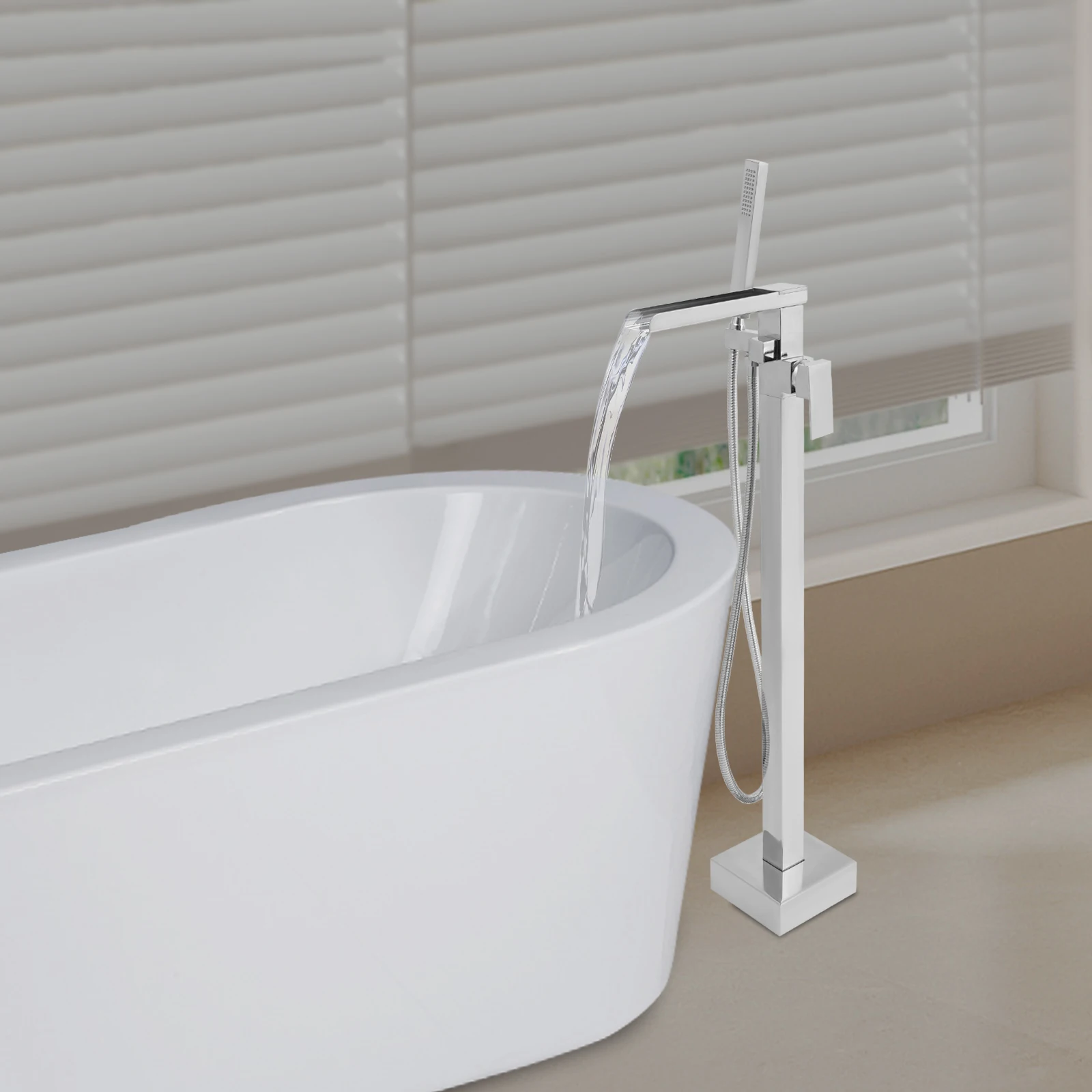 Floor Vertical Bathtub Faucet Freestanding Shower Hot & Cold Faucet 360 Rotation Spout with Hose Single Handle Shower Mixer Tap