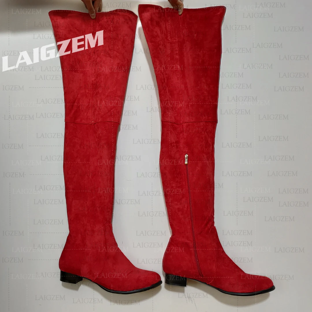 

LAIGZEM Women Boots Over Knee Round Toe Side Zip Low Heels Tall Boots Faux Suede Handmade Ladies Shoes Woman Big Size 39 45 52