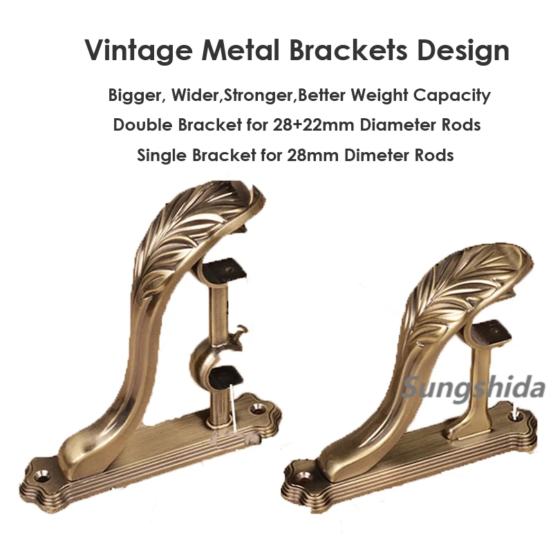 SSD 2Pcs Brass Luxury Heavy Metal Double Curtain Rod Bracket Holder Drapery Rod Bracket Hook Hanger For 28/25+22/19mm Dia. Rods