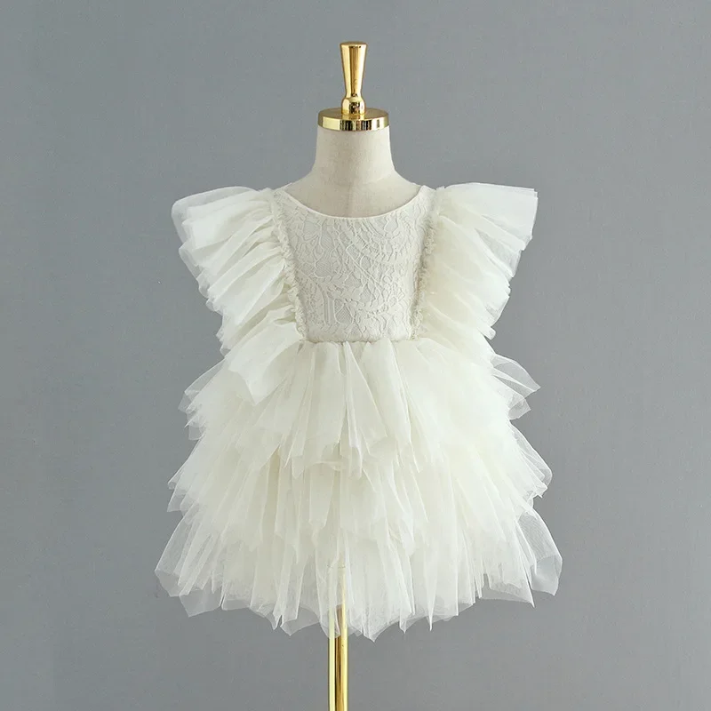 Girls Ruffle Sleeve Lace Bodice Tiered Tulle Dress Ideal For Flower Girl Duties Birthday Celebrations Piano Performances And Wed