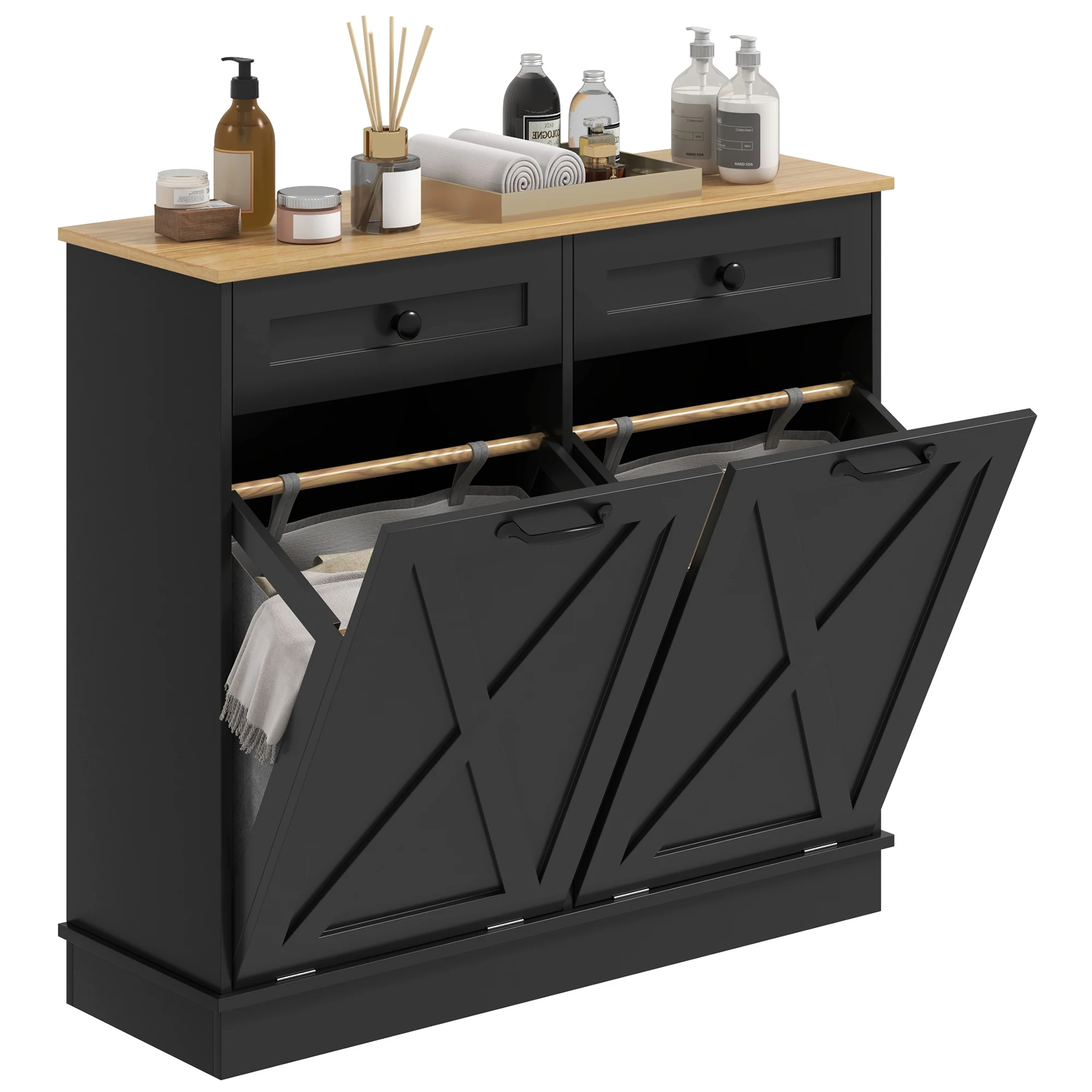 

Homcom Double Tilt Out Laundry Hamper Cabinet with 2 Removable Baskets and 2 Drawers, Bathroom Storage Cabinet, Black