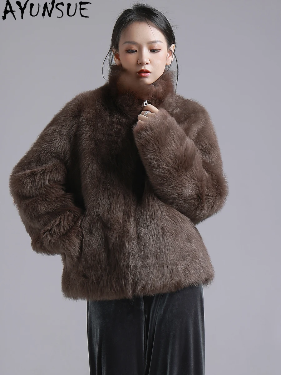 معطف فرو من جلد الغنم الطبيعي من AYUNSUE للنساء جاكيت من الجلد الحقيقي سترات شتوية ملابس فاخرة للسيدات بياقة واقفة Schumbu Жеenca