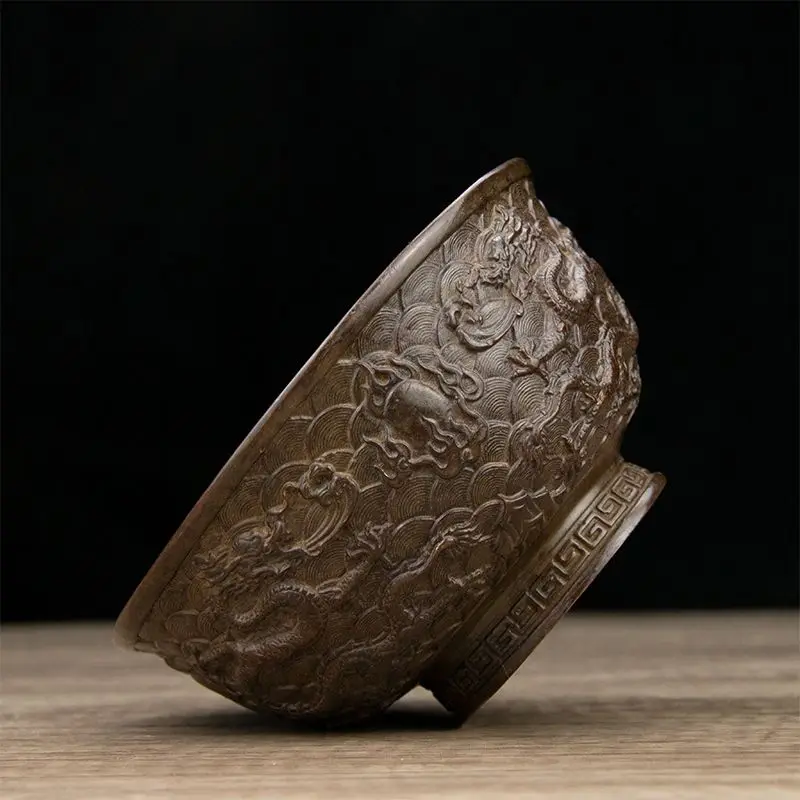 Imitation copper Qing Dynasty Qianlong period nine dragon bowl antique old object return double dragon old copper bowl