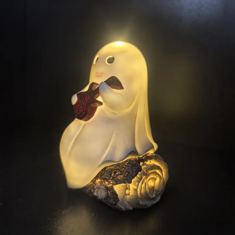 Halloween Light Up Ghost Figurine Playing Electric Guitar Resin Statue Warm LED Night Light Cute Ghost Sculpture Home Decor Gift