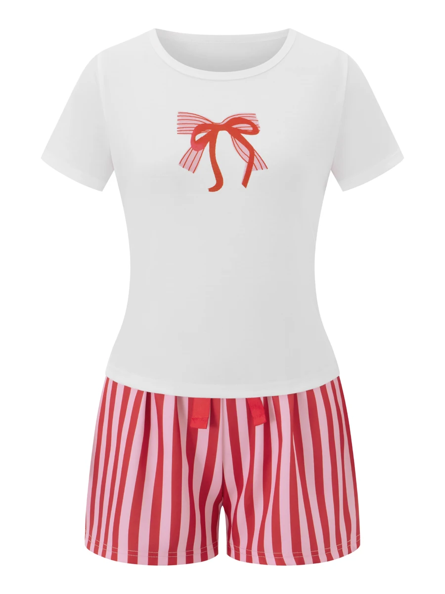 

Women 2 Piece Pajamas Set Bow Print Short Sleeve Baby Tees and Shorts Sleepwear Pjs Cute Graphic Pj Set Loungewear