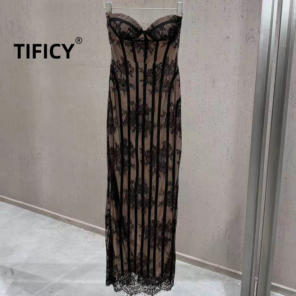 High Street Dresses Women's Fashionable  Fishbone Waist Cinching Retro Lace Patterned Strapless Long Dress Waist Cinching