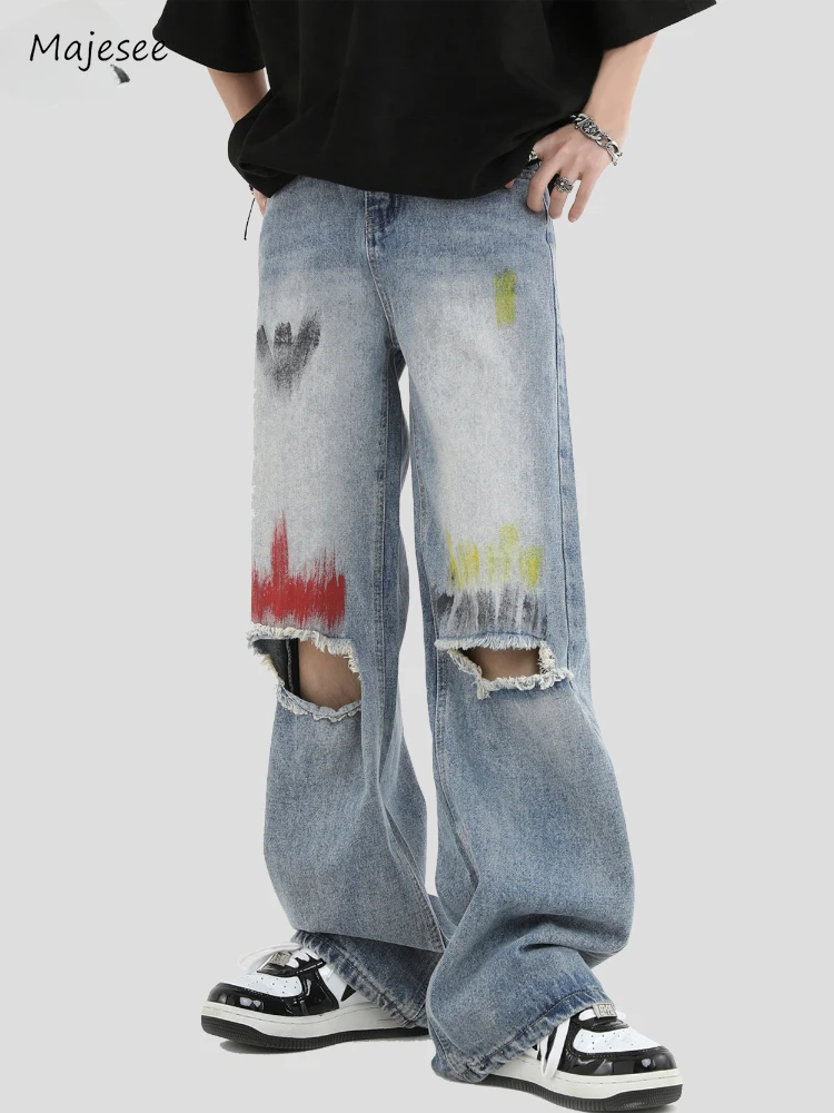 

Hole Jeans Men Painted Asymmetrical Frayed Full Length Japanese Style Washed High Street Hip Hop Denim Do Old Wide Leg Baggy