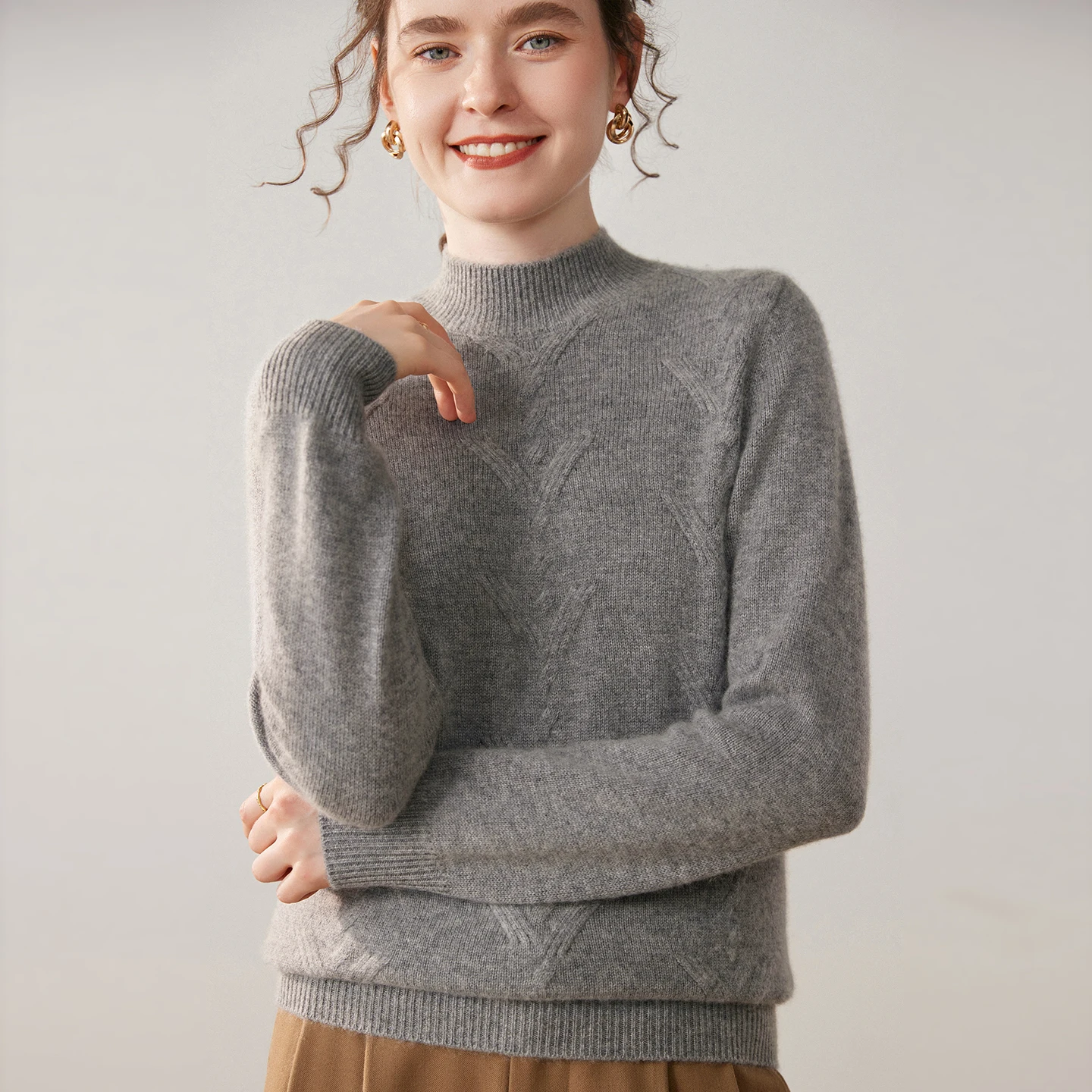 Autumn Winter Women's 100% Cashmere Sweater Pullover Mock Neck V-Shaped Jacquard Motif Timeless Delicate Regular‑Fit Knit Top