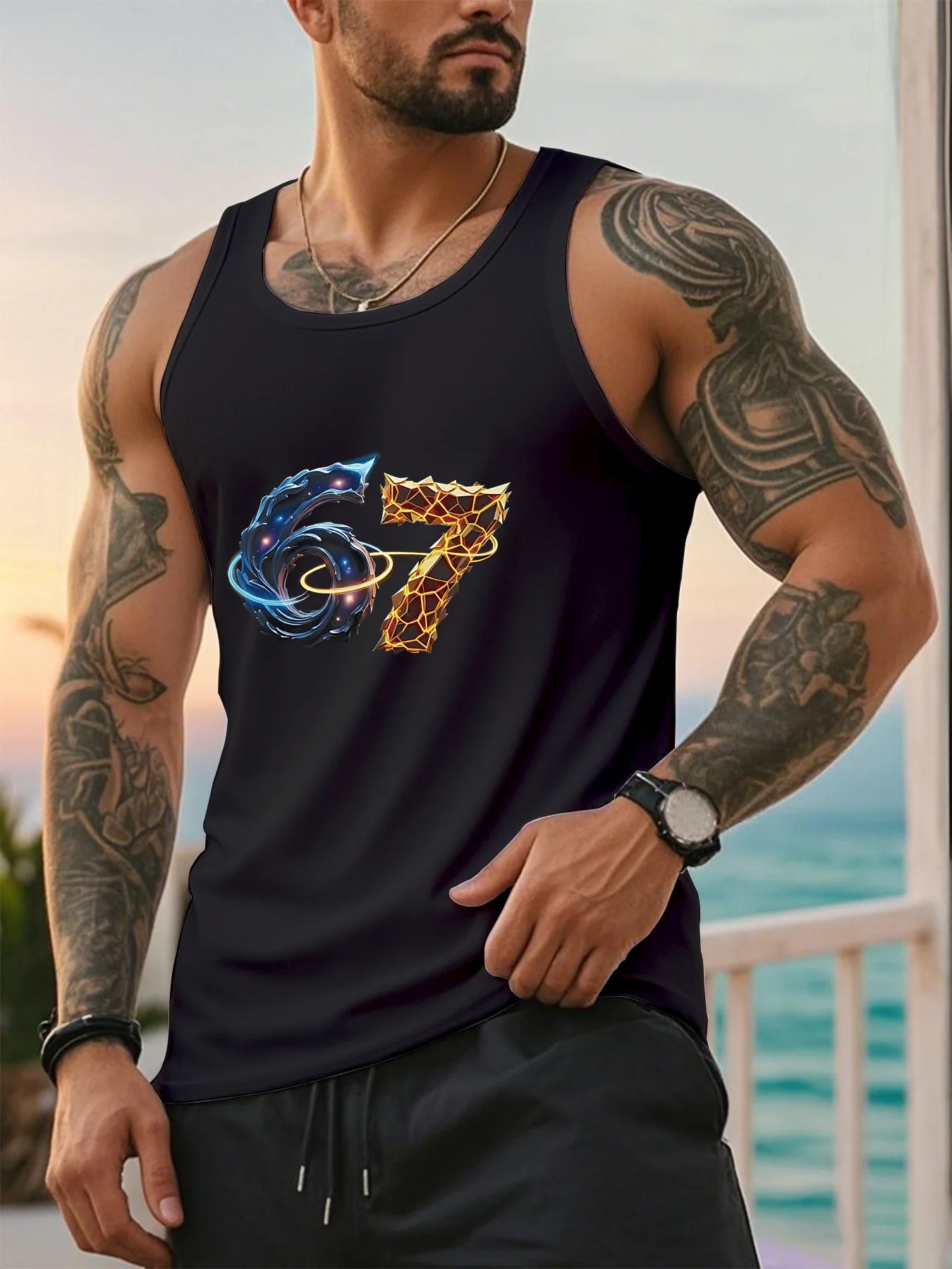 

Men's Striped Tunic Shirt for Men - Space Theme "67" Print! Sporty and Casual Style