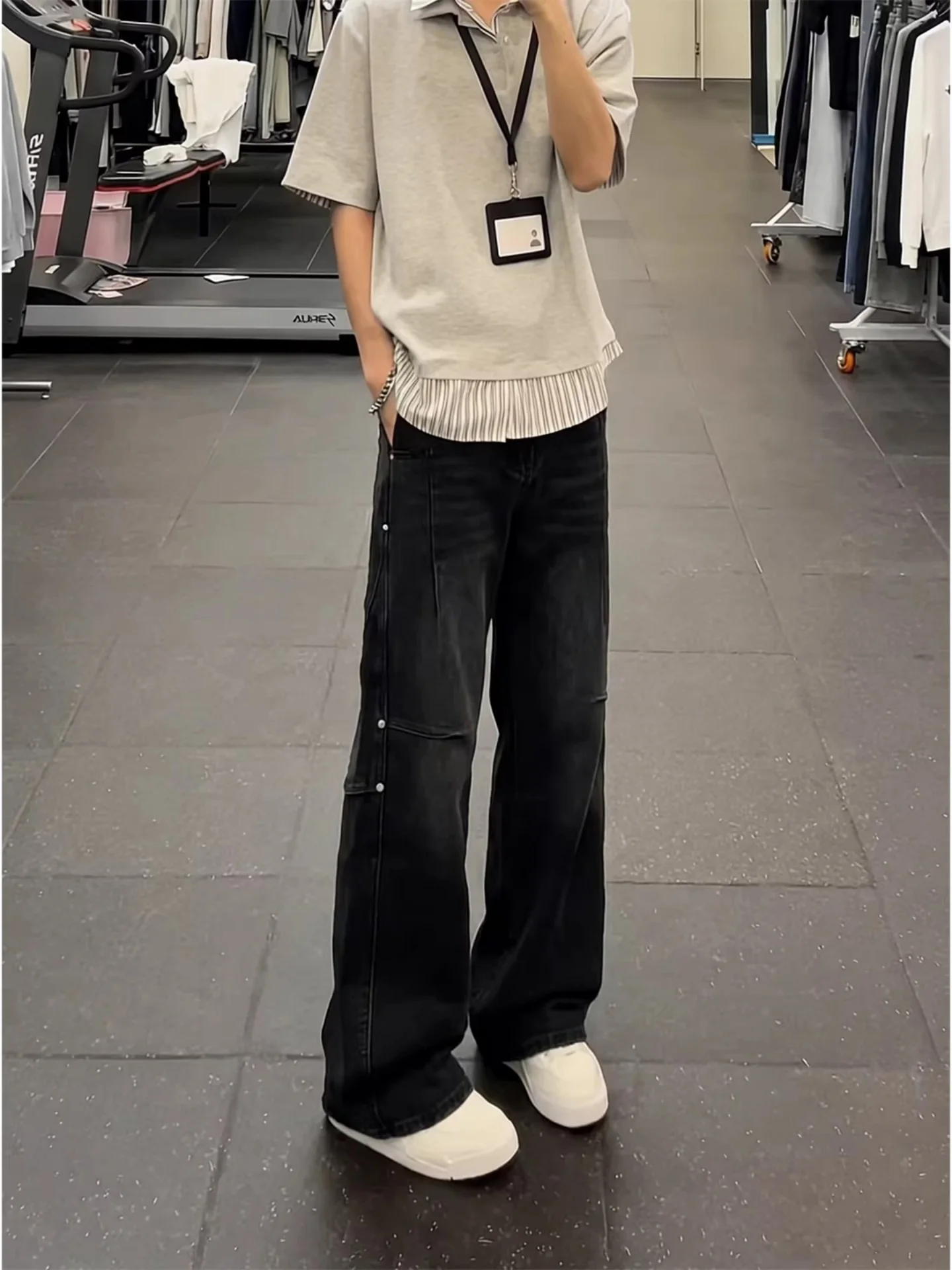 American Vibe Deconstructed Patchwork Rivet Jeans Men's High Street Faded Washed Folded Design Straight Leg Micro Flared Pants