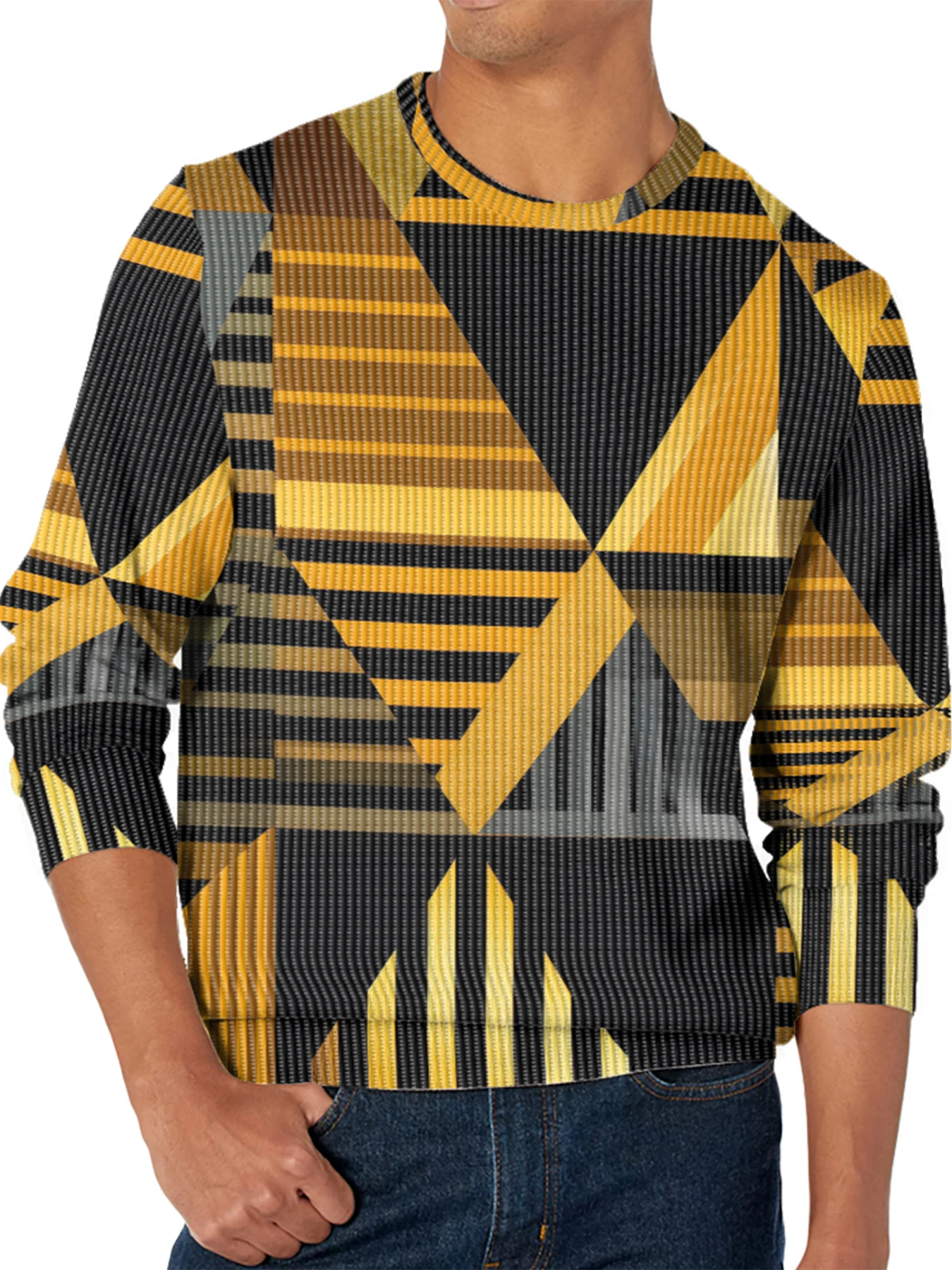 

Bohemian Ethnic Patchwork Crewneck Multicolor Striped Checkered Geometric Long Sleeve Sweatshirt with Ribbed Cuffs Retro Fashion