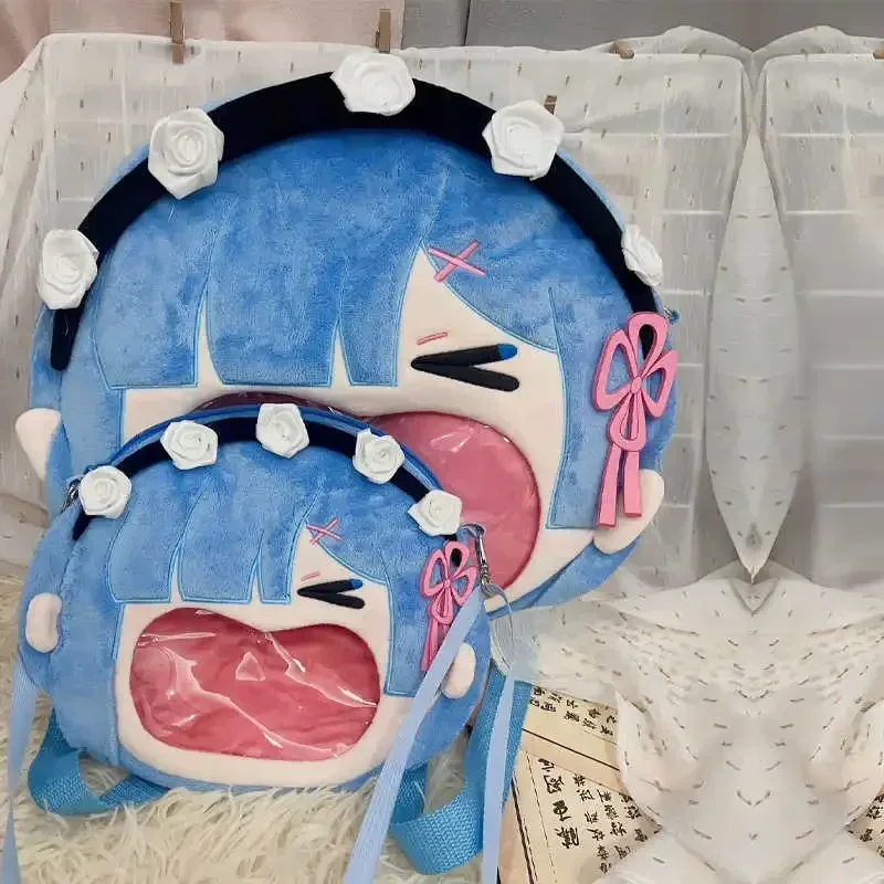 

Anime Ram Rem Emilia Cosplay Plush Bag Big Mouth Laugh Theme Transparent Itabag Zipper Backpack Blue Pink Cartoon Shoulder Bag