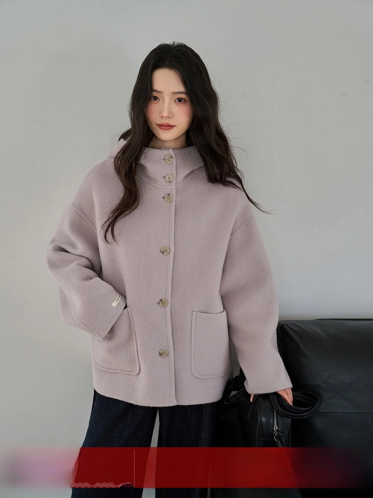 

MoZa Purple Double-Sided Camere Hooded ort Woolen Coat Women's Winter New Sle High-End Feel Woolen Coat Korean Sle