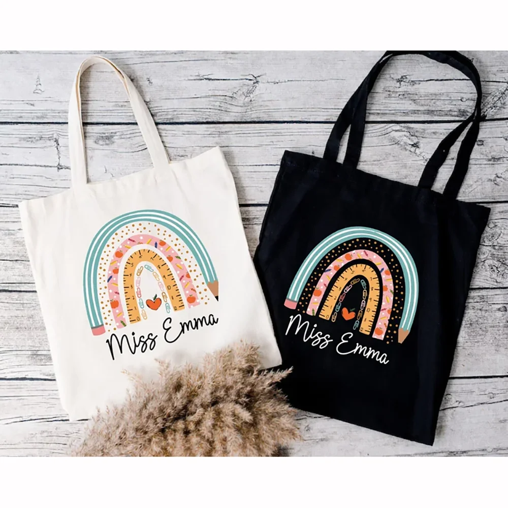 

Customizable 1Pcs Teacher Tote Bag Boho Rainbow Canvas Shoulder Bag Back To School Teacher Gifts First Day of School Accessories