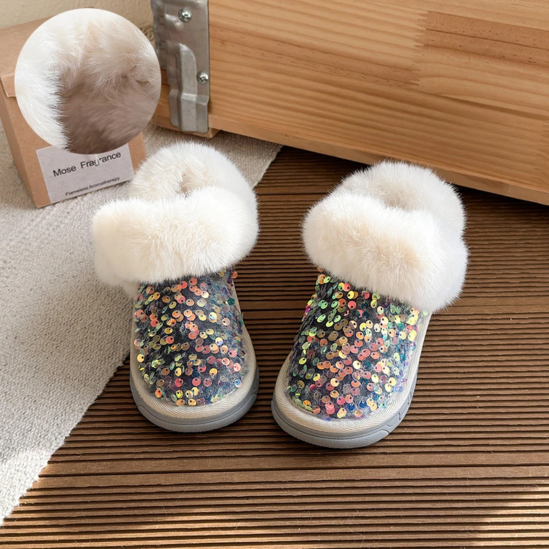 

Детские зимние ботинки с блестящими пайетками, зима 2021, новая модная детская хлопковая обувь в корейском стиле, сохраняющая тепло и нескользящая