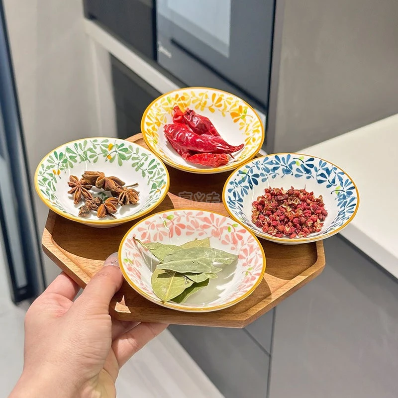 3.8 Inch Floral Ceramic Seasoning Dish 4Pcs Small Sauce Plate for Soy Sauce Vinegar Chili Powder Salad Dressing Home Dining Use