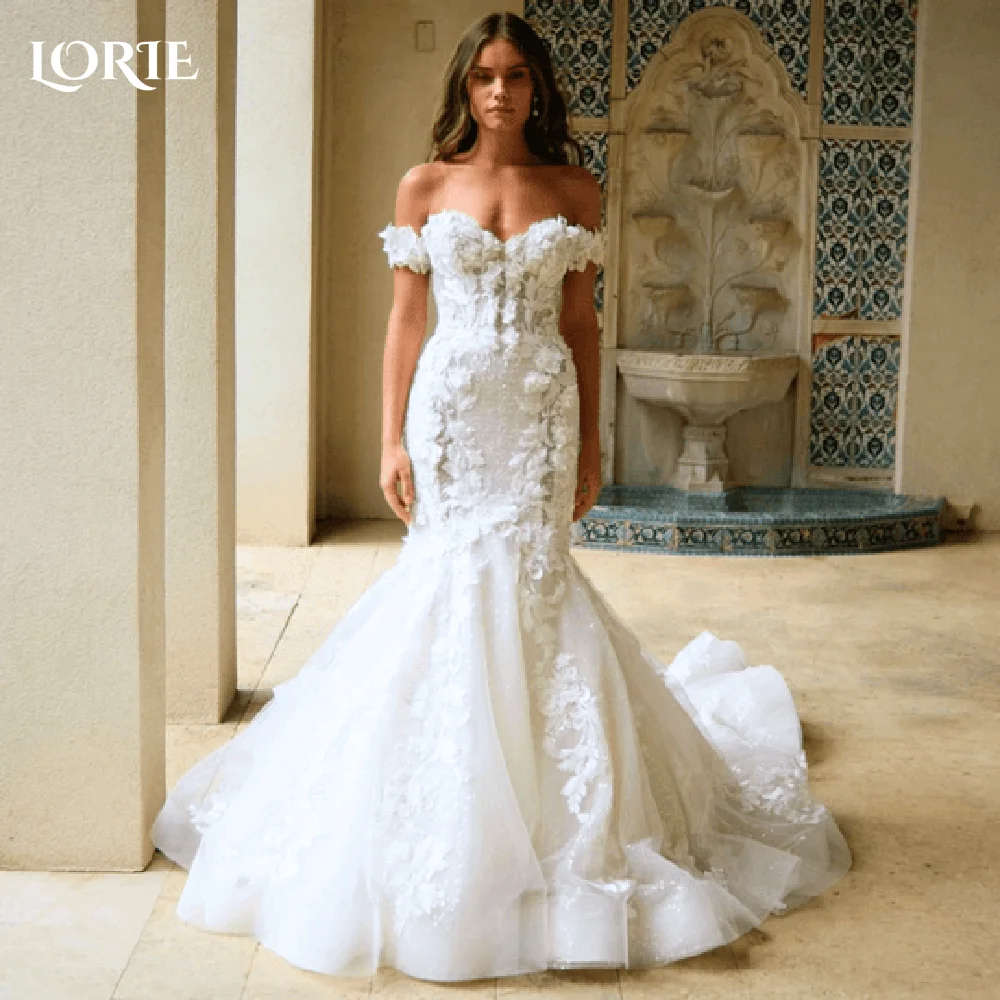 

LORIE Sweetheart Wedding Dress Lace Appliques Off Shoulder Mermaid Bride Gowns Customized Sweep Train Backless vestidos de novia