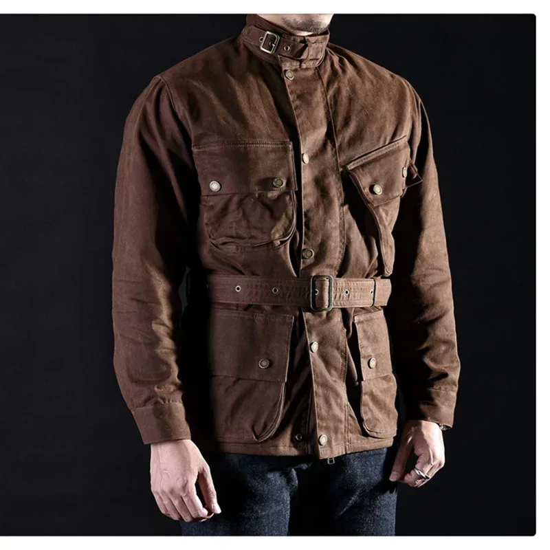 Heavyweight Motorcycle Hunting Jacket Men Oil Wax Cloth Mid Length Retro Trench Coat Classic Waterproof Four-Pocket Windbreaker