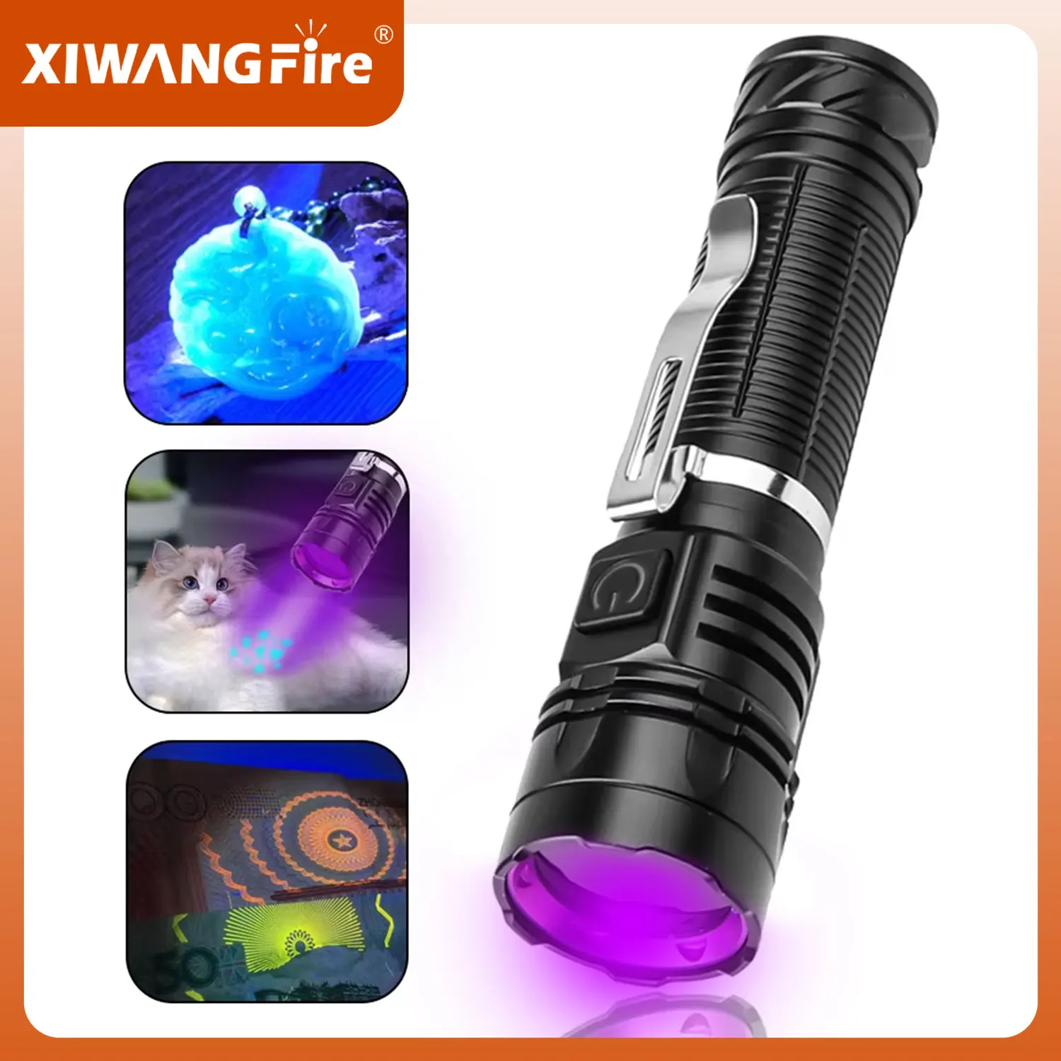 Portable Mini 365nm UV LED Aluiminum alloy Flashlight with clip10W High power Rechargeable Cat Dog Stain Marker Detection Light