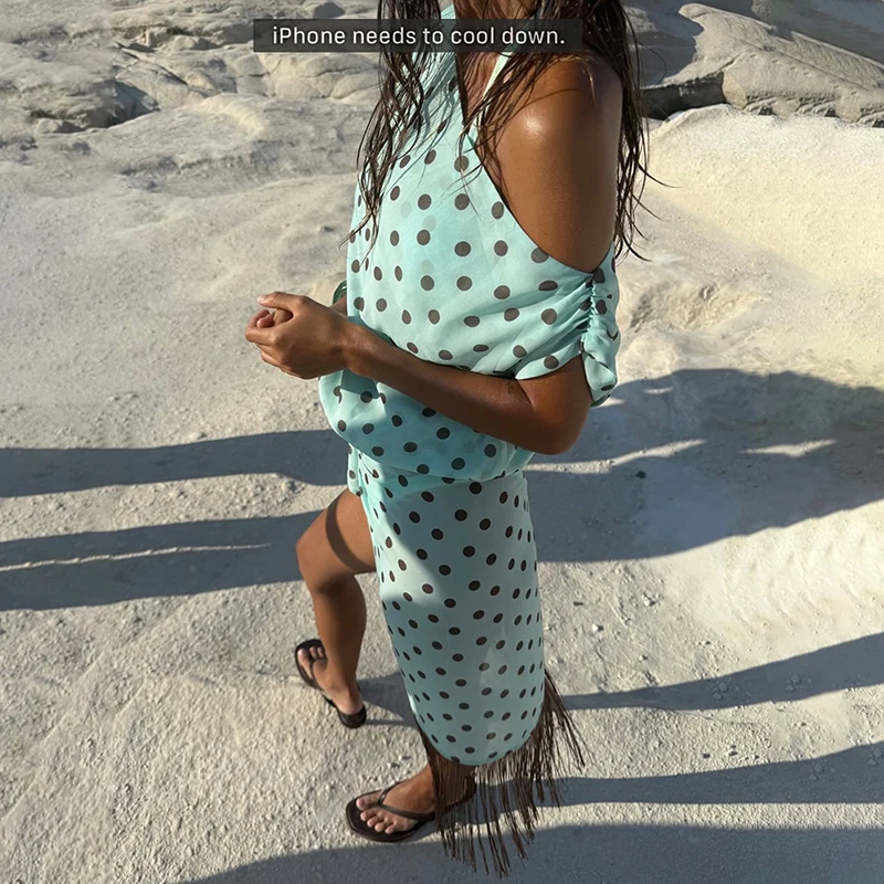 Blifanbo Polka Dot Oblique Shoulder Tops And Skirt 2 Pieces Sets Women Elegant Sexy Dress Sets Female Tassel Split Skirt Set