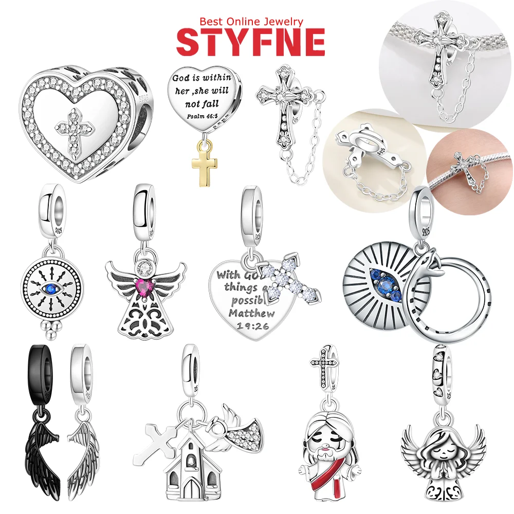 

925 Silver Charms Biblical Cross Church Blue Devil's Eye Angel Pharaoh Beads Pendant Fit DIY Original Bracelet Fine Jewelry Gift