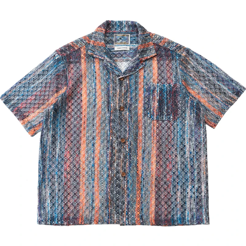 

Personalized Rainbow Stripe Hollow Out Personalized Trendy Short Sleeved Shirt Casual Loose Retro Shirt for Men and Women Summer