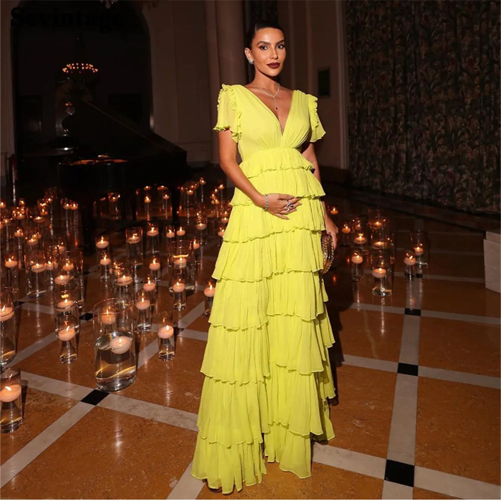 

Sevintage Customized Lemon Yellow Prom Dress Chiffon Deep V-Neck Puff Sleeve Ruffles Tiered Side Slit Floor Length Evening Dress